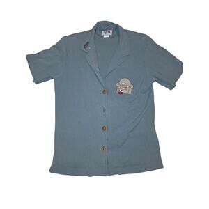 Vtg Kitty Cat Embroidered Button Down Shirt Womens Size PS Teddi Boho Read